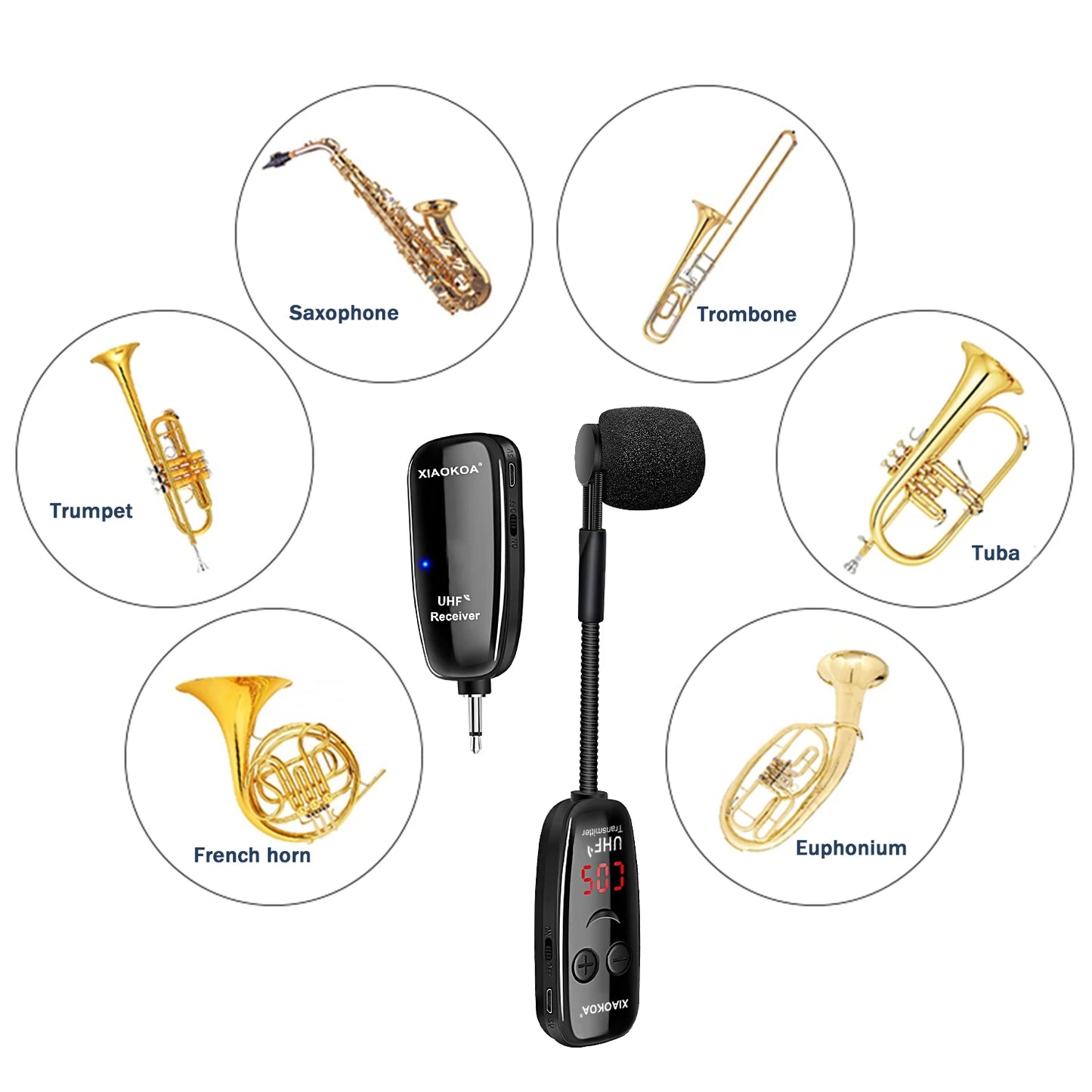 XIAOKOA UHF Wireless Saxophone Microphone System - Clip-on Wireless Receiver Transmitter for Saxophone Trumpet, LED Digital Screen, 160ft Transmission, Musical Instrument Wireless Mic