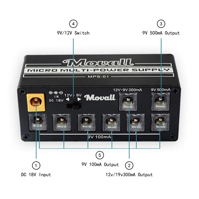 Movall MPS-01 Guitar Pedal Power Supply - 8 Isolated Outputs, Anti-Interference, Compact Design, 18W, Guitar Accessories