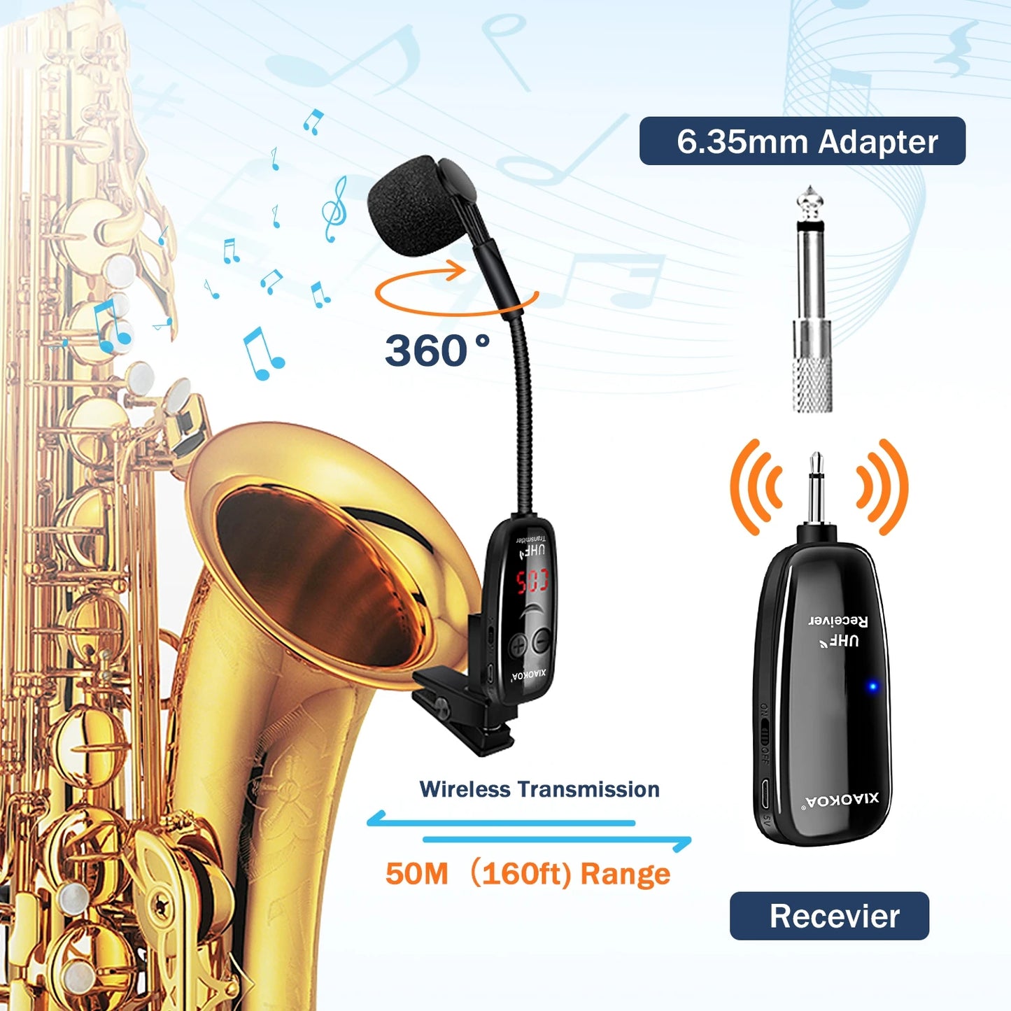 XIAOKOA UHF Wireless Saxophone Microphone System - Clip-on Wireless Receiver Transmitter for Saxophone Trumpet, LED Digital Screen, 160ft Transmission, Musical Instrument Wireless Mic