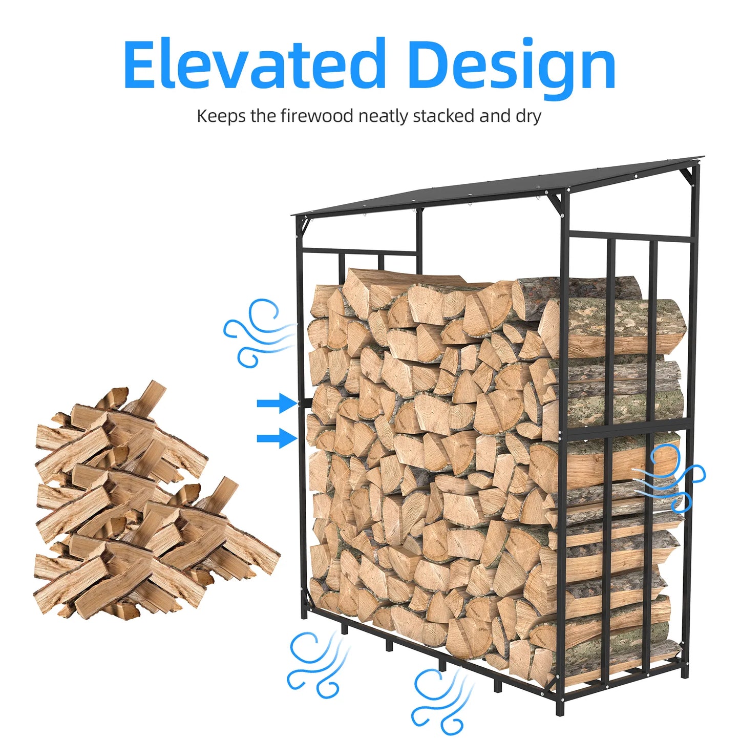 Heavy Duty Tall Metal Firewood Rack Stand with Top Cover: Fireplace Wood Storage Stacking Holder for Outdoor Deck, Backyard
