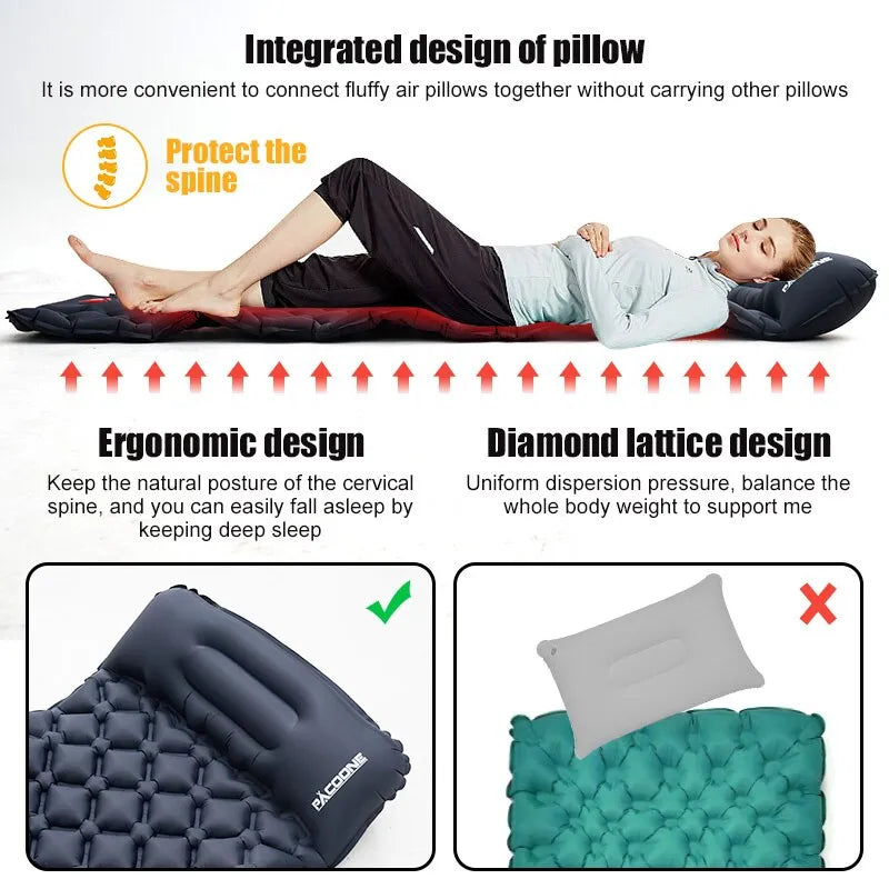 Outdoor Camping Inflatable Mattress Sleeping Pad with Pillows - Ultralight Air Mat with Built-In Inflator Pump for Hiking