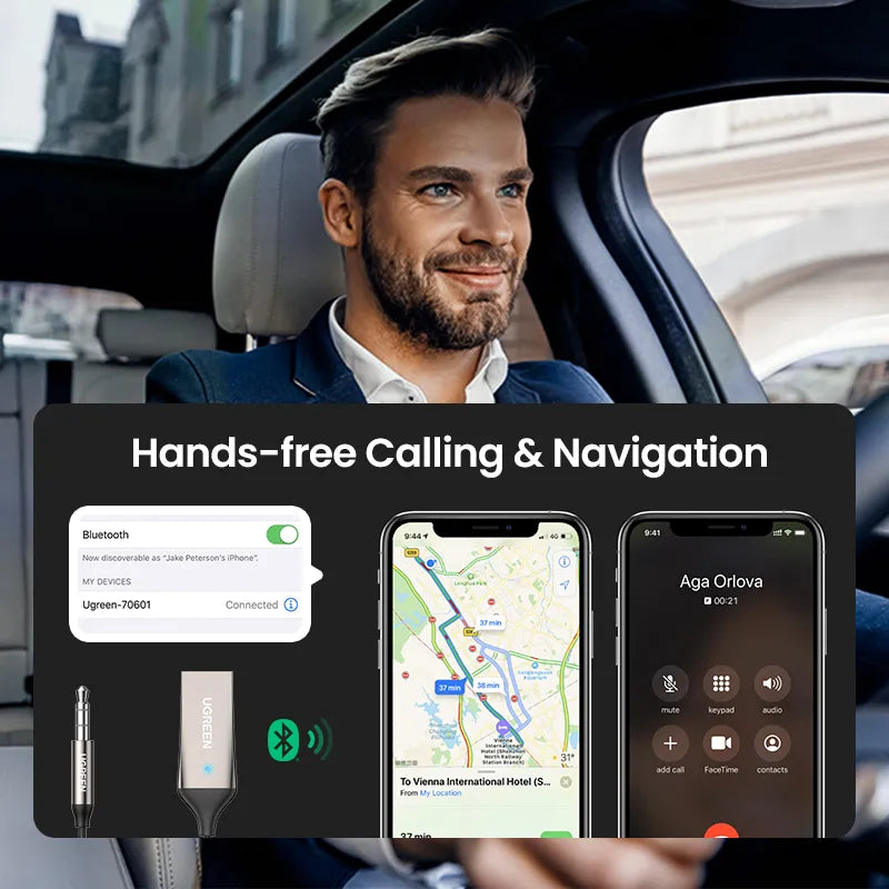 UGREEN Bluetooth Aux Adapter - Wireless Car Bluetooth Receiver, USB to 3.5mm Jack Audio Music Mic Handsfree Adapter for Car Speaker