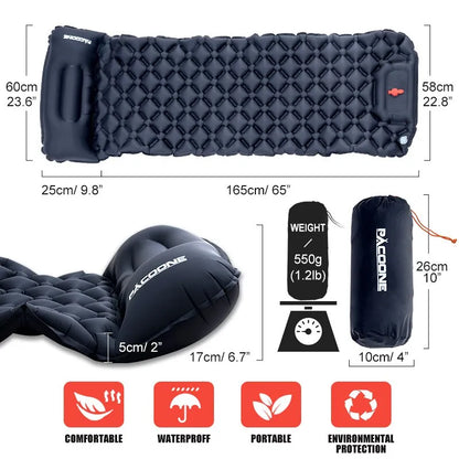 Outdoor Camping Inflatable Mattress Sleeping Pad with Pillows - Ultralight Air Mat with Built-In Inflator Pump for Hiking