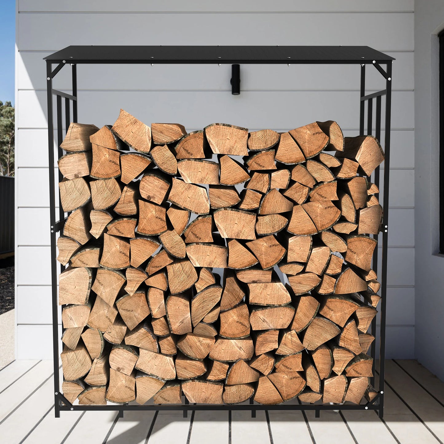 Heavy Duty Tall Metal Firewood Rack Stand with Top Cover: Fireplace Wood Storage Stacking Holder for Outdoor Deck, Backyard