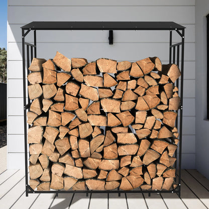 Heavy Duty Tall Metal Firewood Rack Stand with Top Cover: Fireplace Wood Storage Stacking Holder for Outdoor Deck, Backyard
