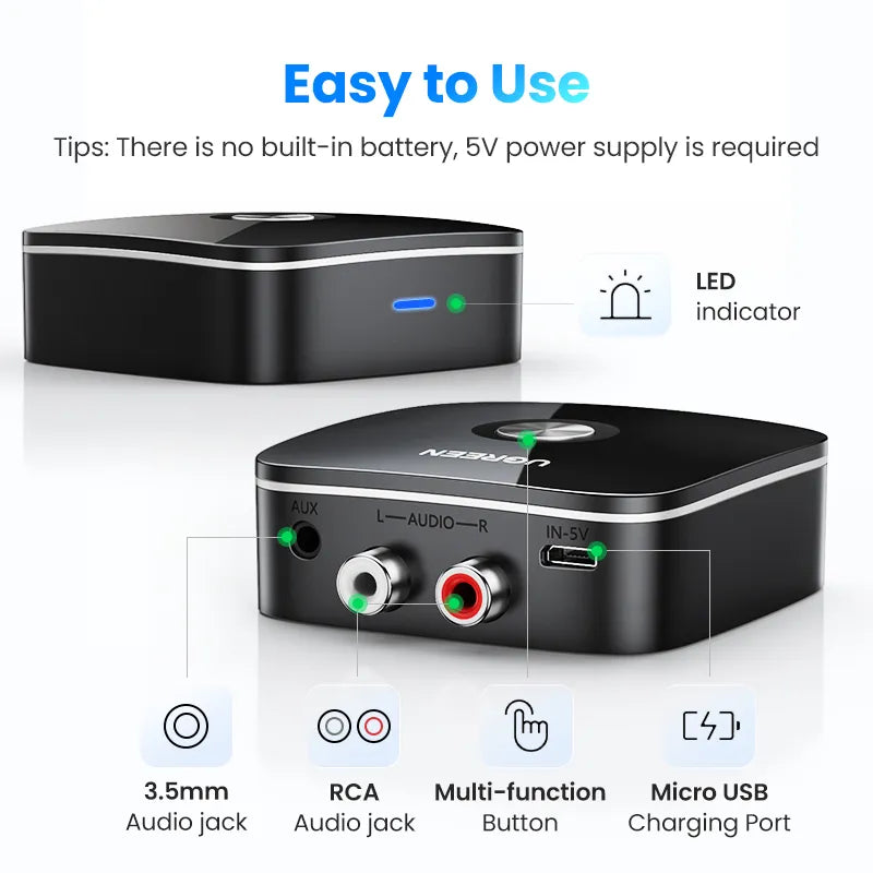 UGREEN Bluetooth RCA Receiver 5.1 aptX HD 3.5mm Jack Aux Wireless Adapter - Music for TV Car 2RCA Bluetooth 5.0 Audio Receiver